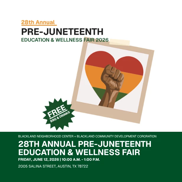 White graphic with polaroid illustration of red green and yellow heart with a fist raised up and text reading 28th annual pre juneteenth education and wellness fair 2026
