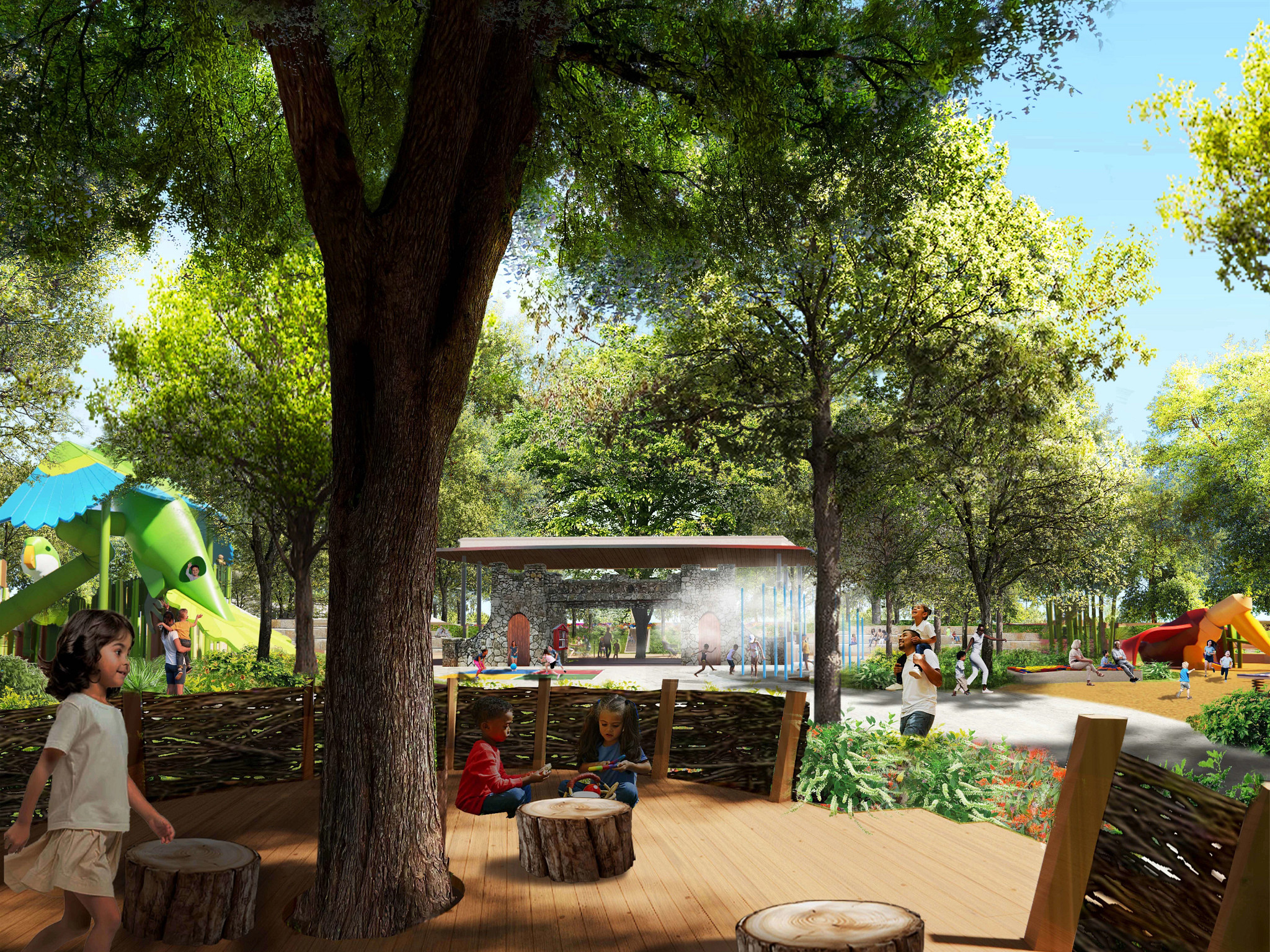 Concept rendering of a seating and shade feature in Palm Park designed to resemble a bird's nest