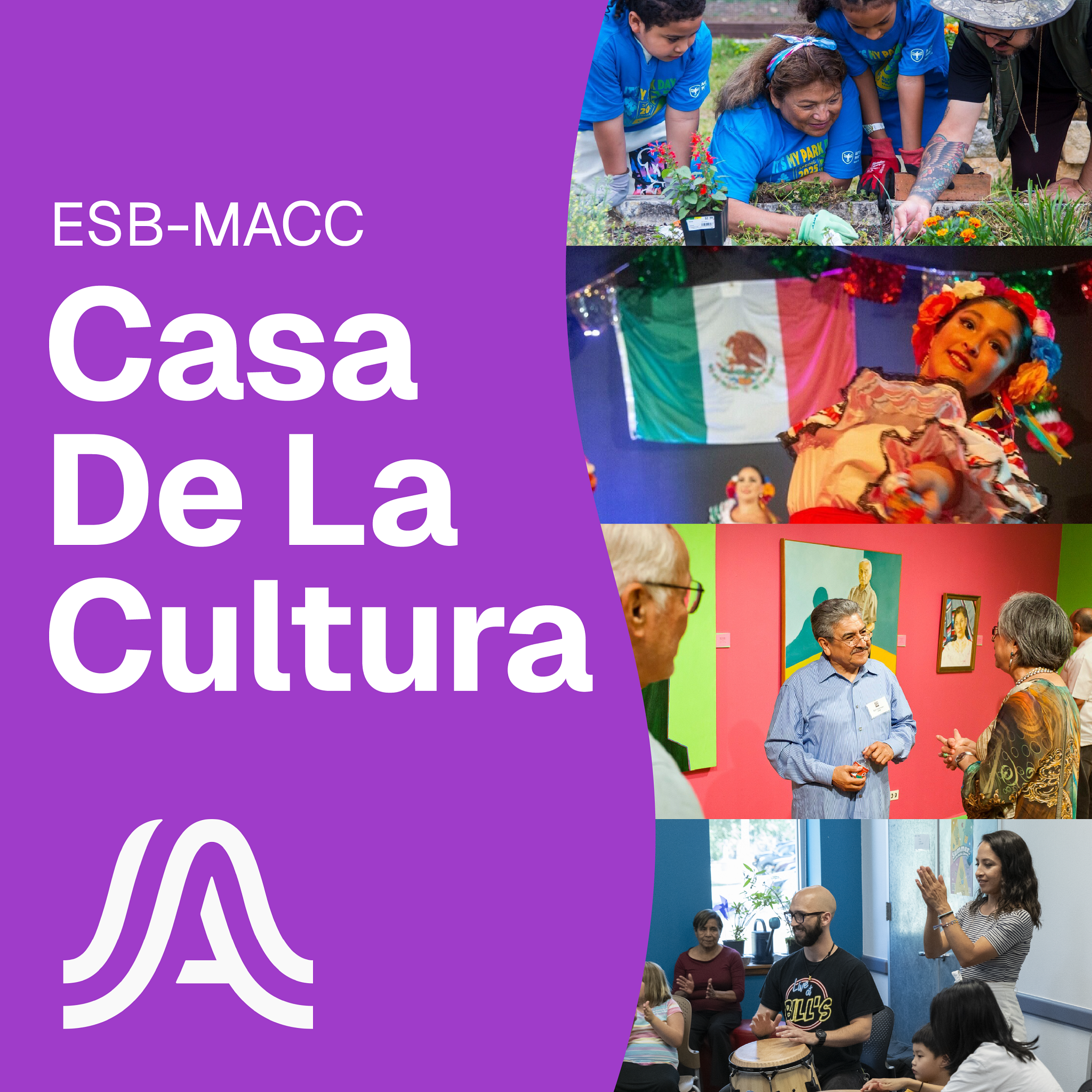 Casa de la cultura banner featuring a music class, art gallery, baile folklorico and drum circle
