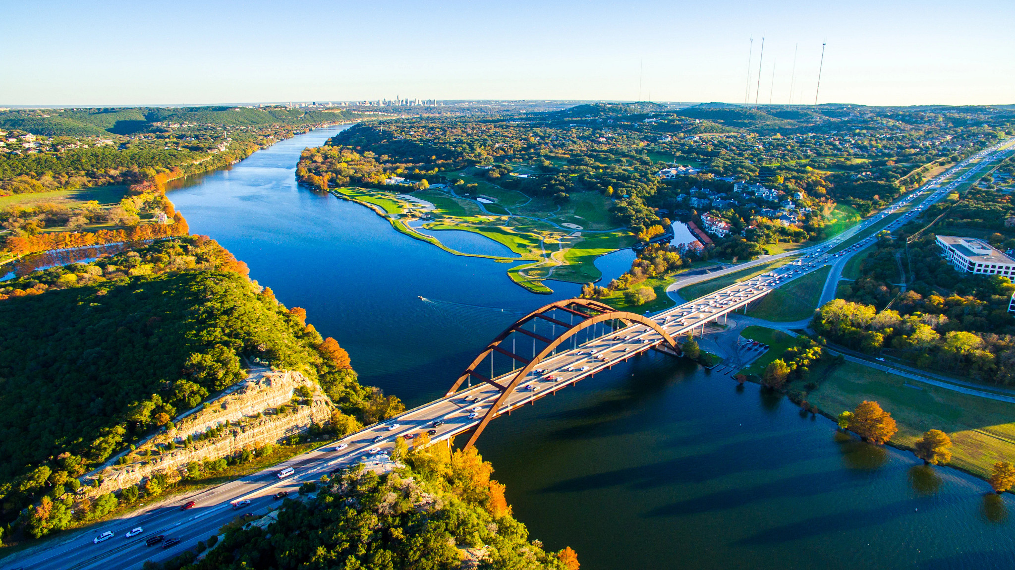 Aerial photo of Pennybacker Bridge over Lake Austin