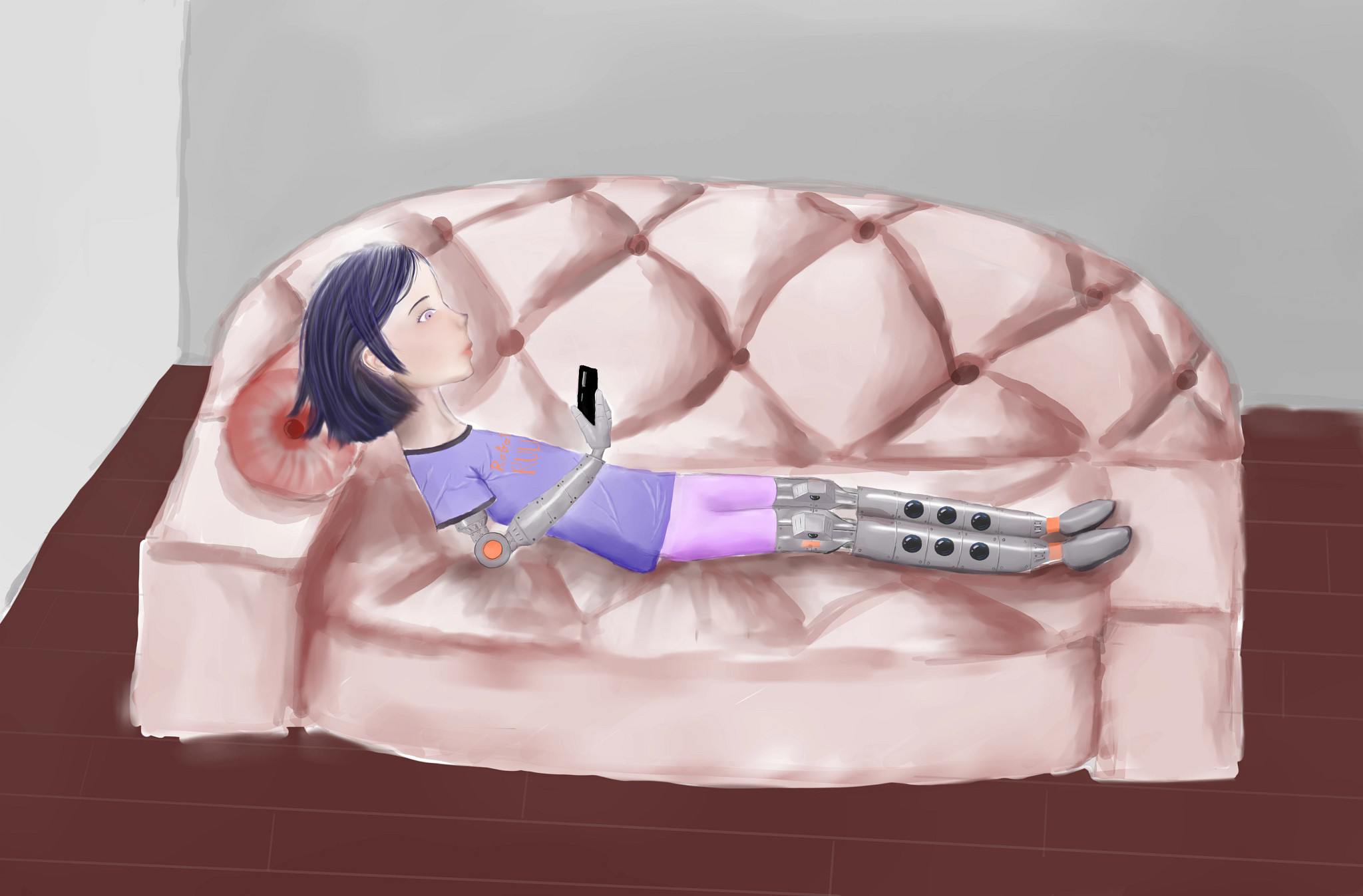 girl with robotic legs sitting on couch with phone