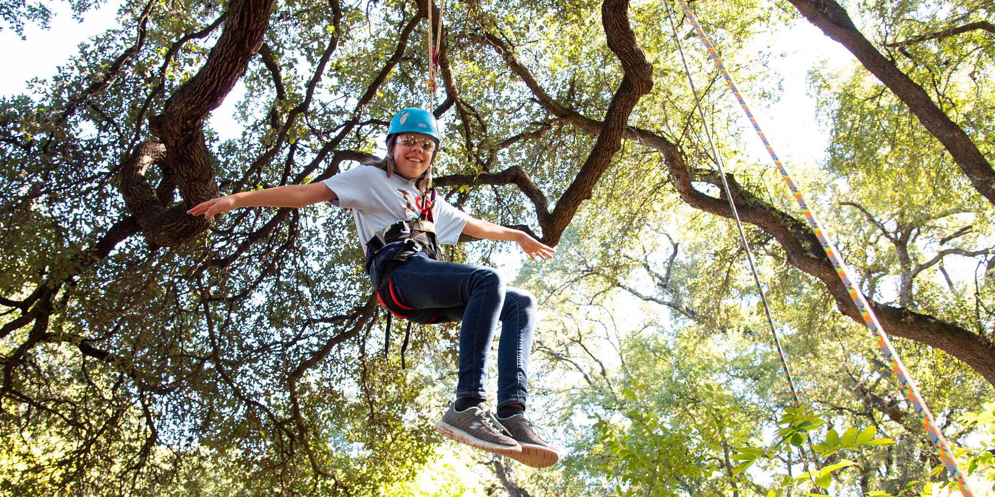 A child in tree climbing equipment dangles from an oak tree, smiling