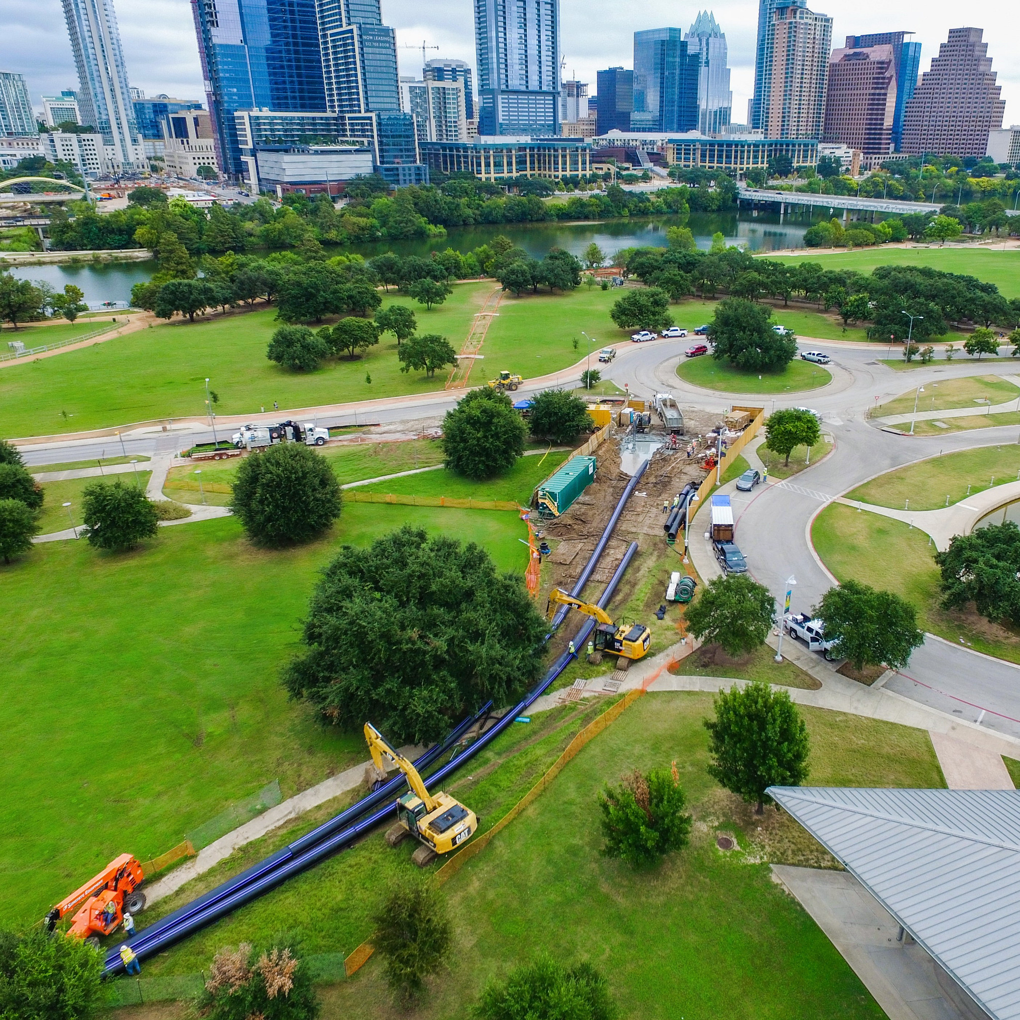 An aerial view of pipeline construction taking place near downtown Austin.