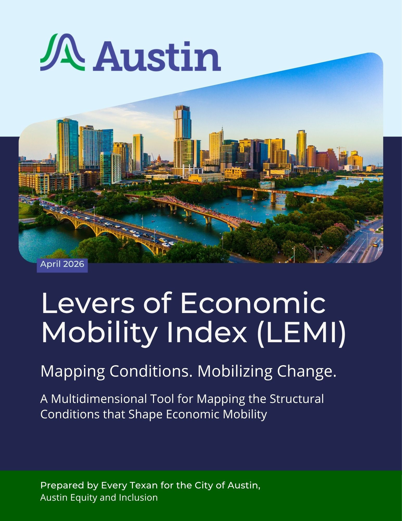 City of Austin skyline against blue background with text below the image