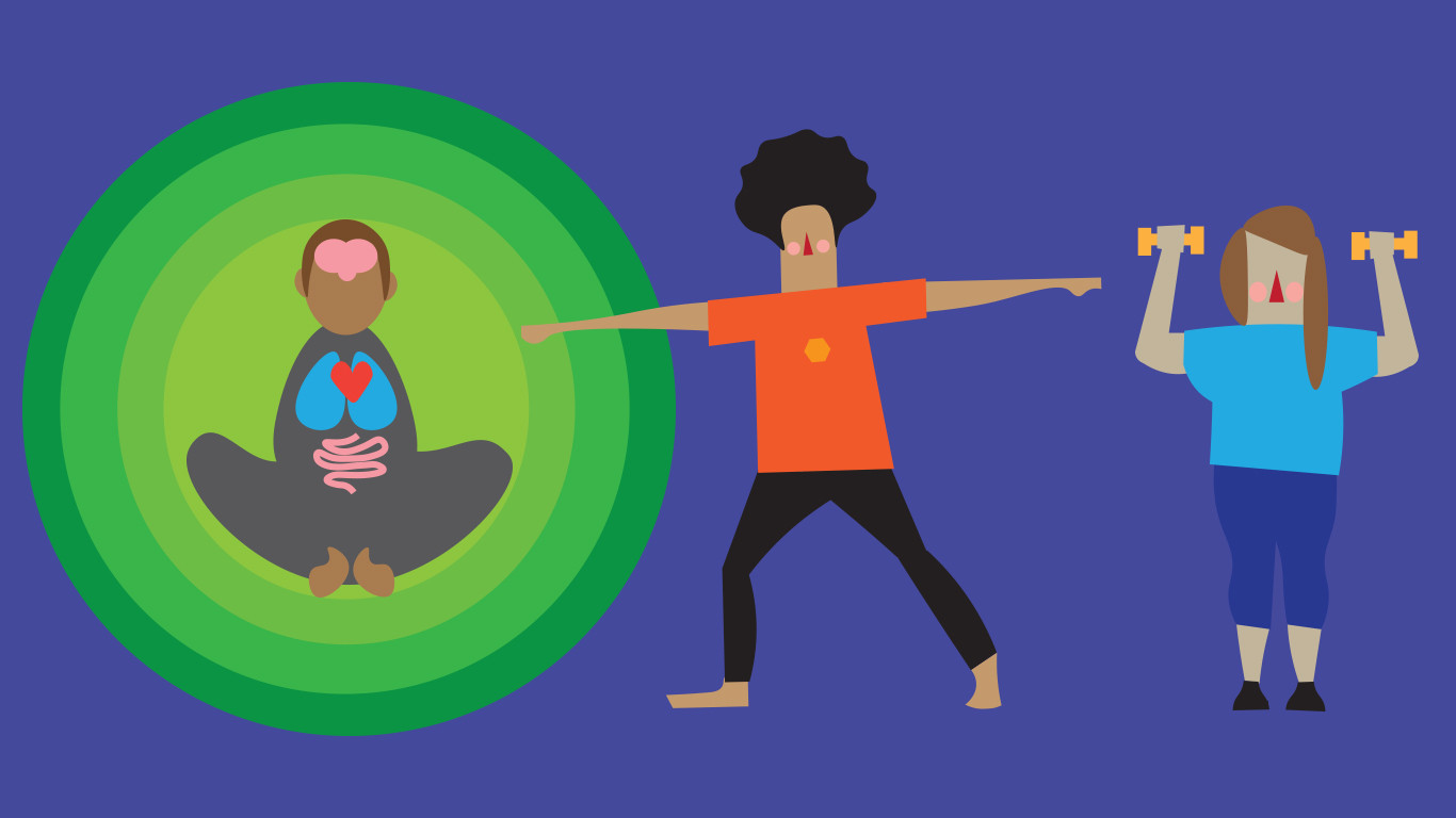 Image of people meditating, doing yoga and lifting weights