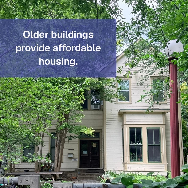A photo of Whitehall Cooperative with overlaid text 'Older buildings provide affordable housing'.