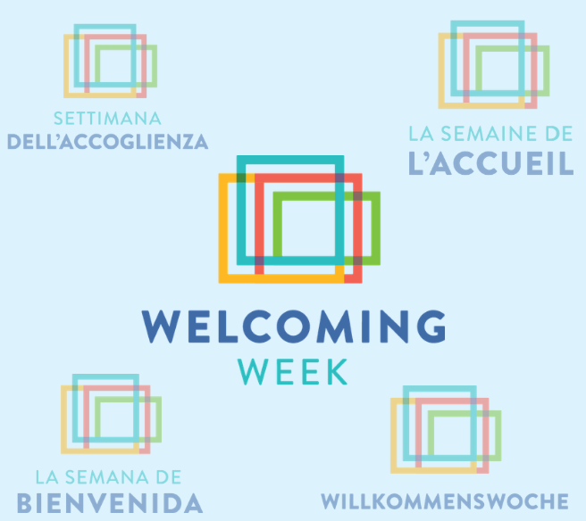 Welcoming Week logo in the center in English and other languages surrounding it