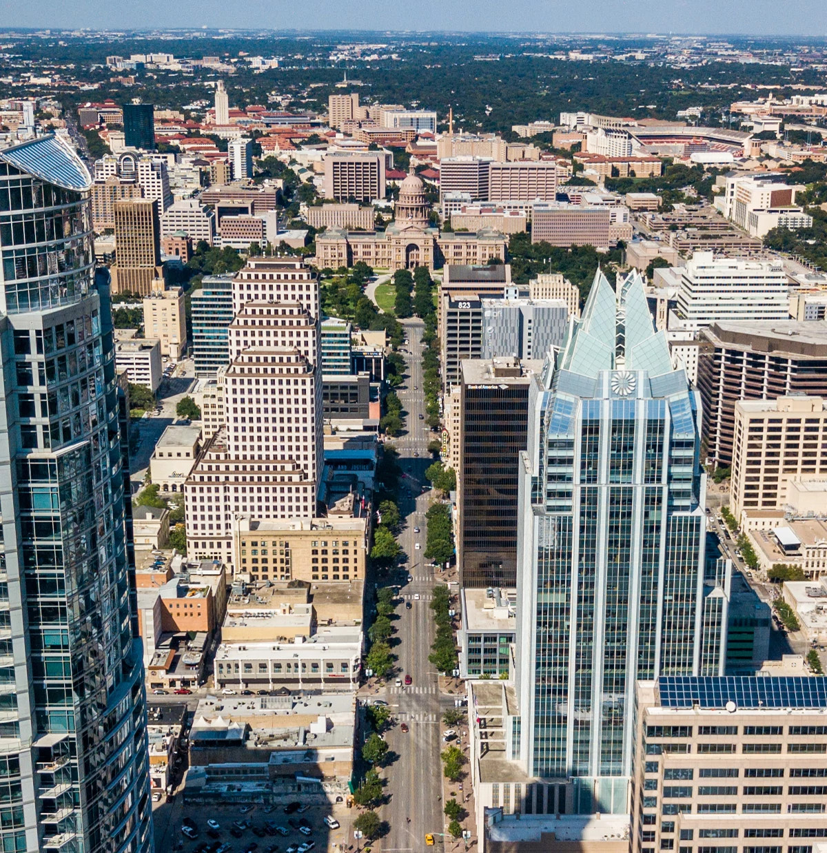 Aerial photo of downtown Austin's North Congress Ave.