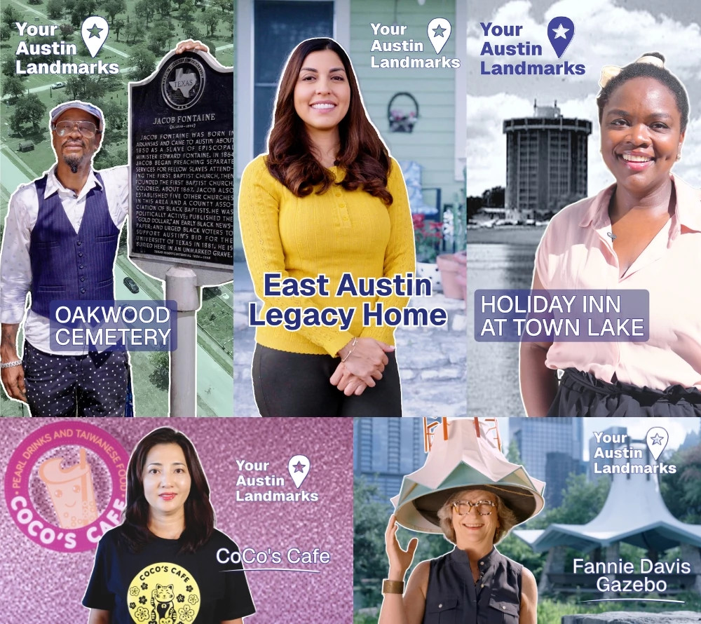 A collage of five different video thumbnails for Your Austin Landmarks episodes.