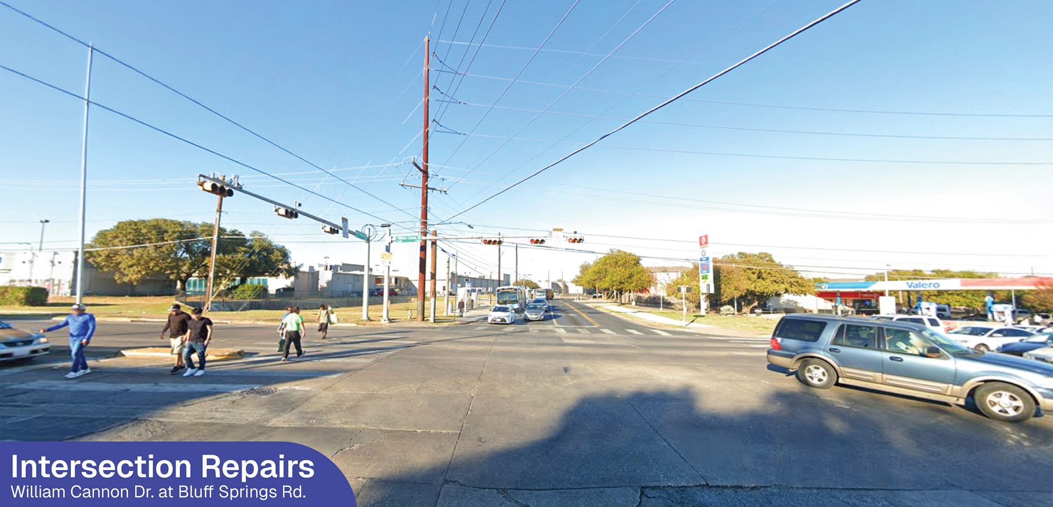 Street view image of the William Cannon Drive and Bluff Springs Road intersection with text on the bottom right that says intersection repairs.
