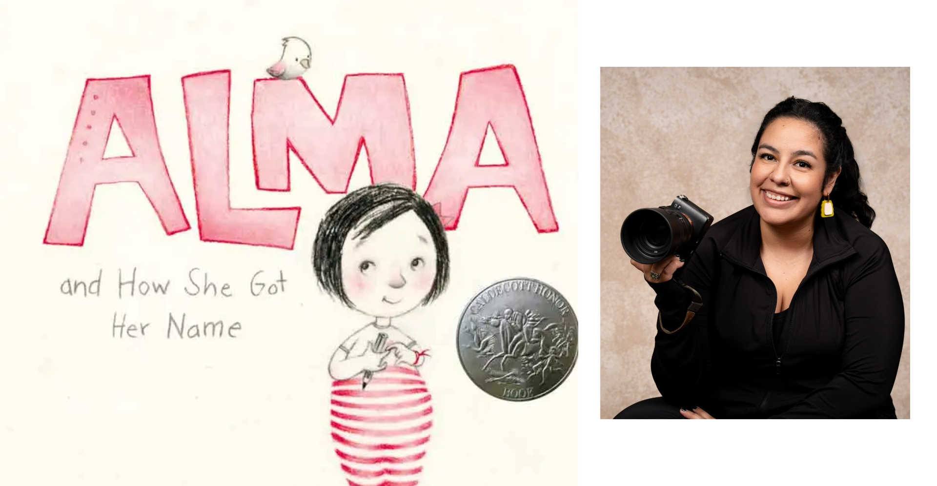 Book Alma and How She Got Her Name by Juana Martinez-Neal, with a light pink background and woman who is the special guest