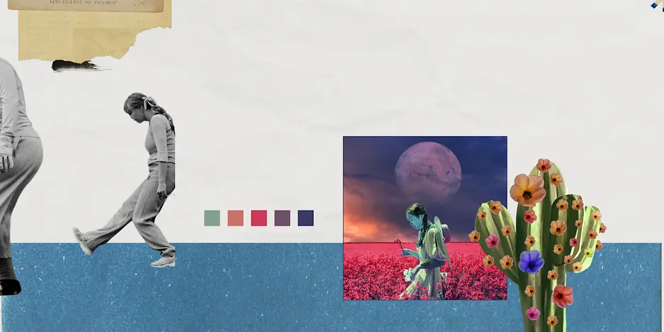 Black and white images of people walking, a girl walking through a field of flowers under a full moon, and a cactus with blooms.