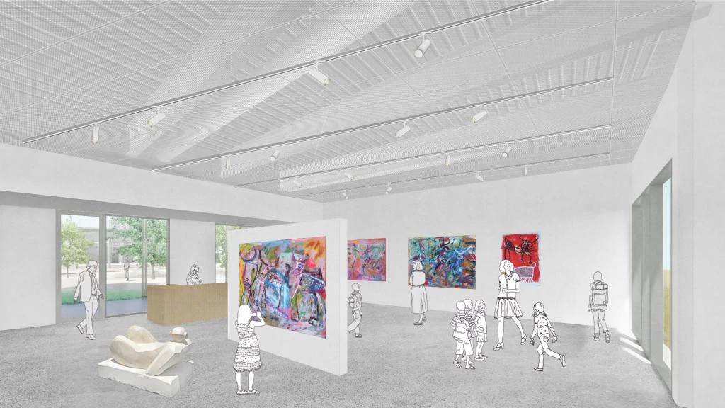 Rendering of community gallery, showing sculpture, gallery walls, and large windows