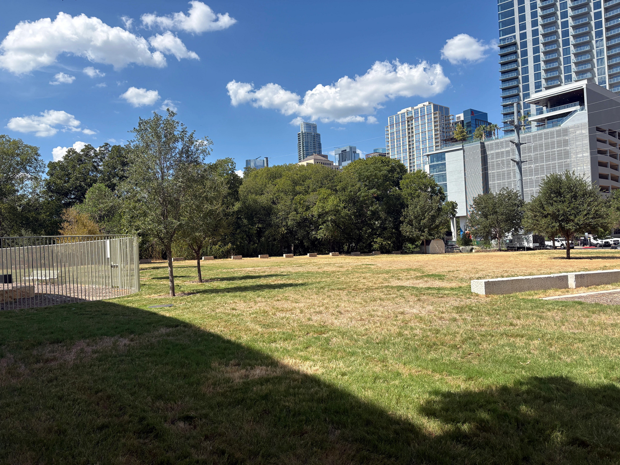 field of grass lawn next to a parking lot in downtown Austin