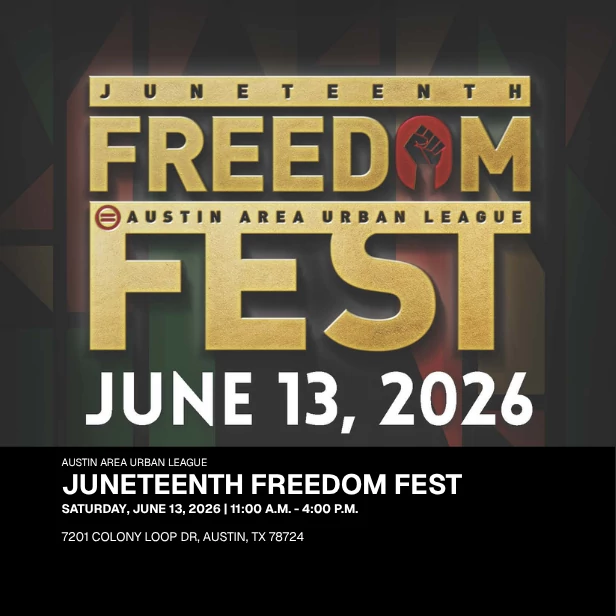 Graphic for the Juneteenth Freedom Fest with a triumphant fist in the O of Freedom