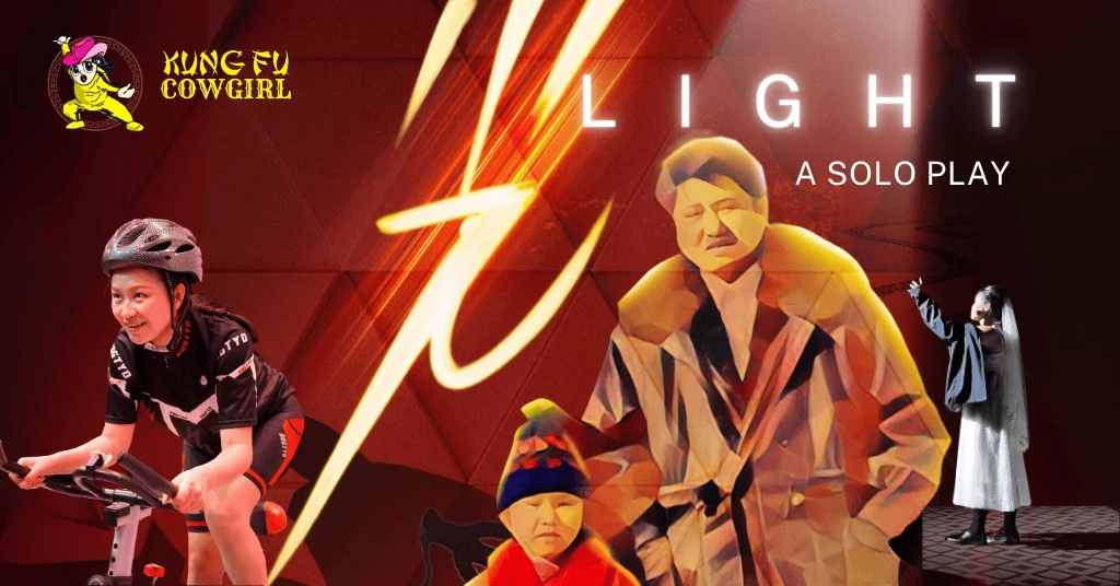Imagery of a person riding a bike, a guardian and child, and someone wearing a wedding dress. Along with the text 'Kung Fu Cowgirl Light A Solo Play'
