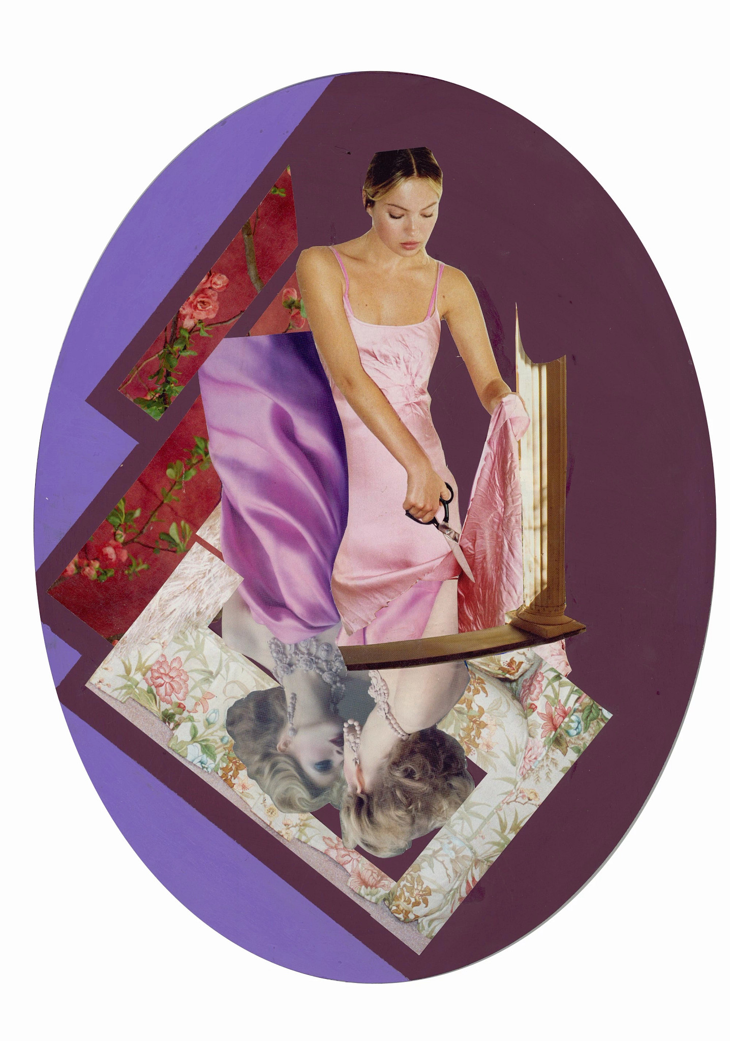 A circular collage of a women cutting out pages from a book