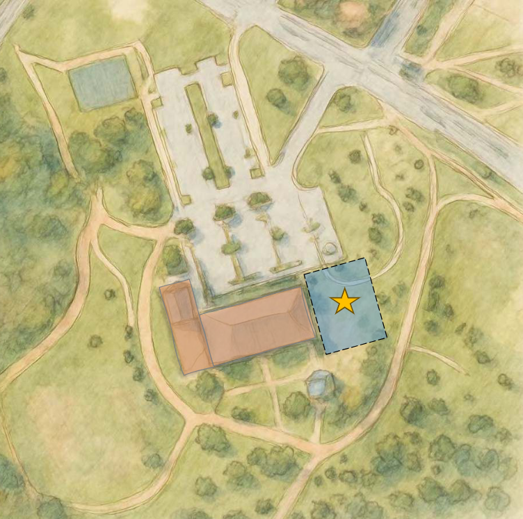 Hand drawn site plan of the proposed location of the Gus Garcia Senior Wing, on the south east side of the main building.