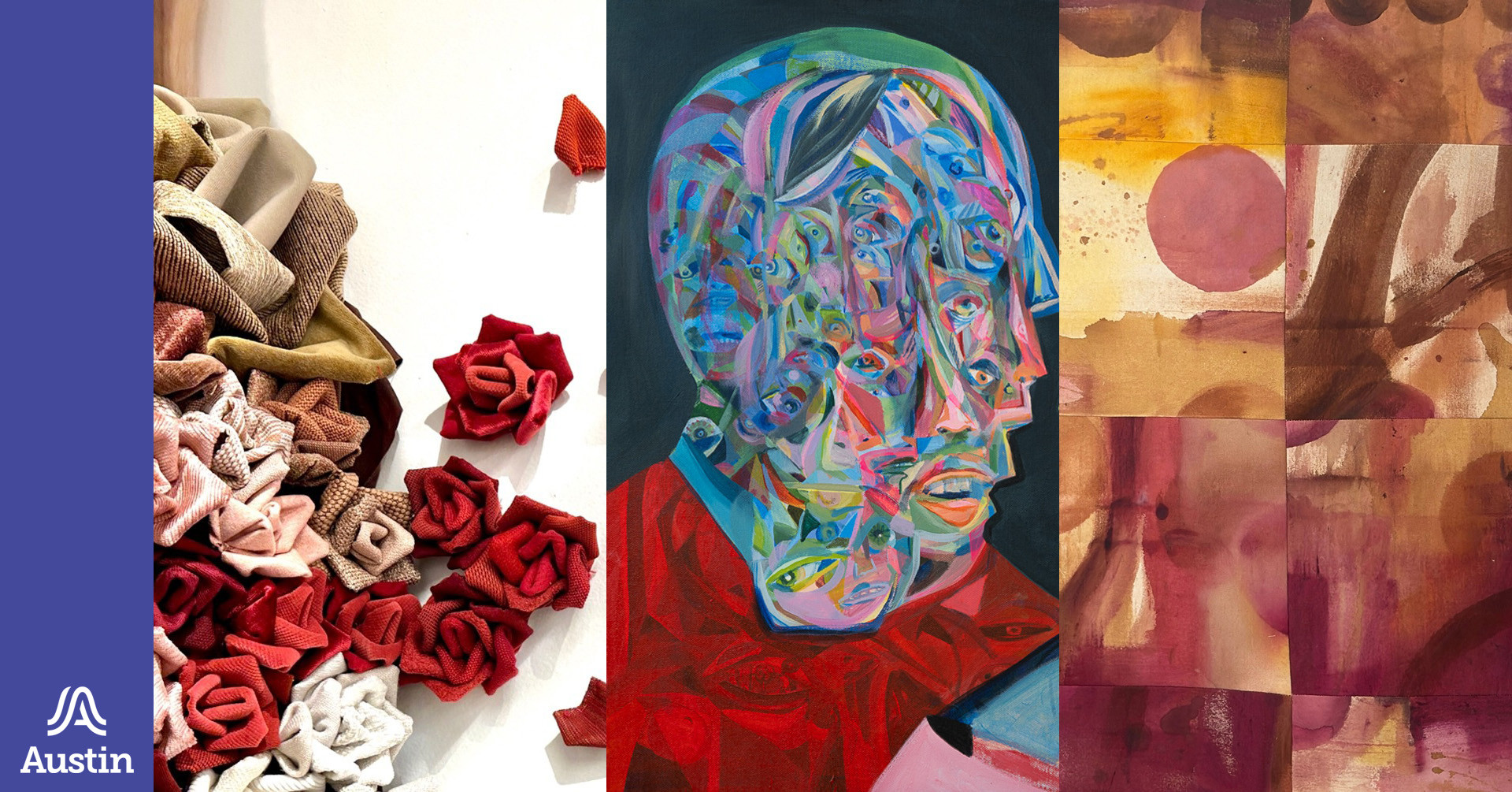 A graphic with three different images of art and the Austin A logo.