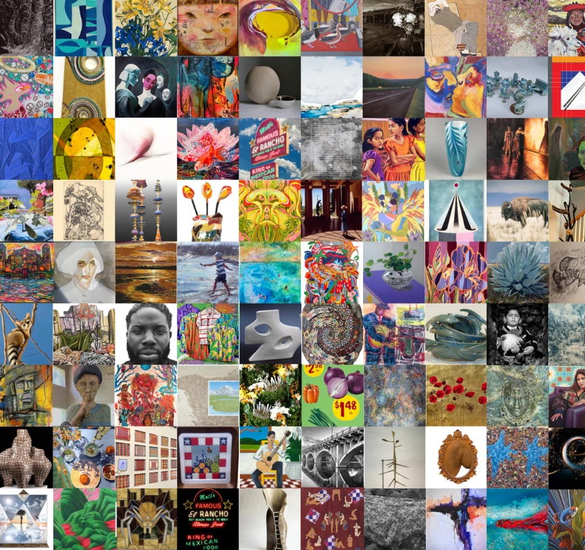 Grid style collage showcasing a diverse selection of artworks from the Peoples Gallery exhibition.