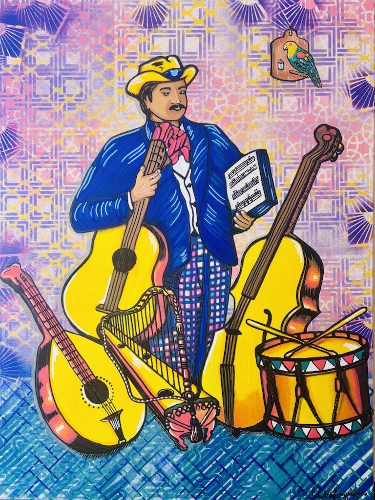 Courtney Enriquez Loteria Artwork of a Musician in bright colors