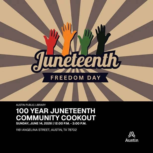 gray and cream sunburst with hands reaching upward in red yellow green and black and text reading juneteenth freedom day