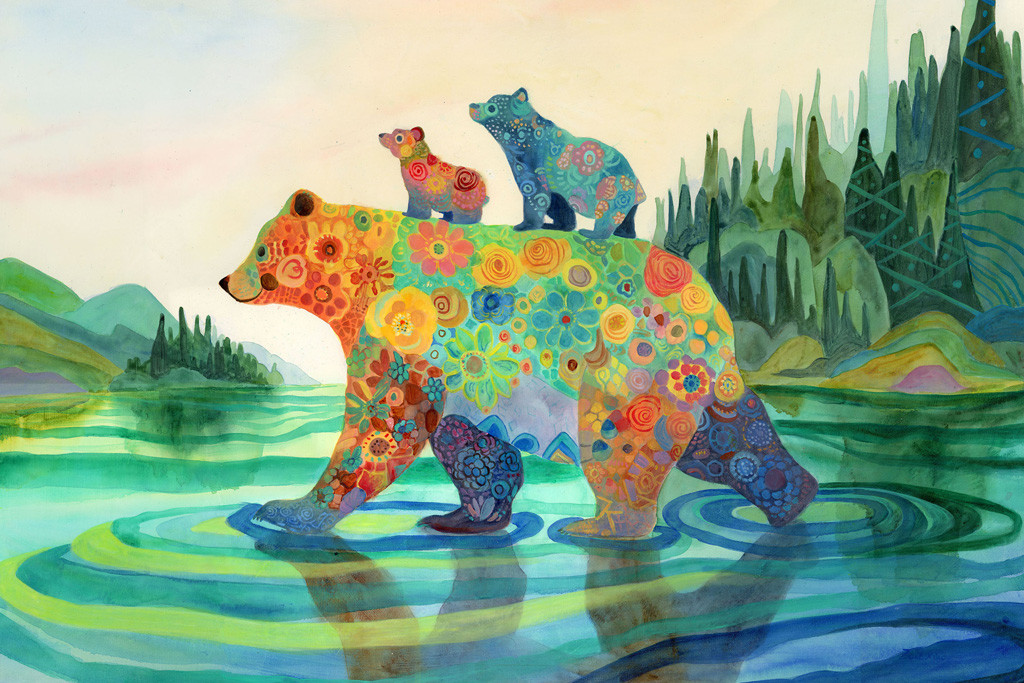 A painting of a colorful bear with two bear cubs on its back walking through water