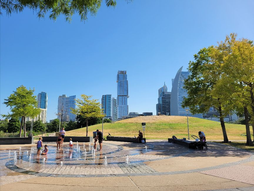 People playing in Liz Carpenter Splash Pad, Austin, TX