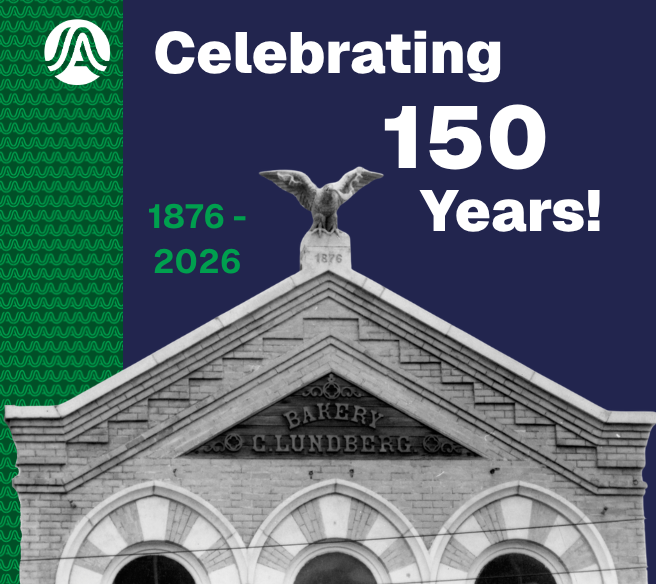 celebrating 150 years - black and white image of historic building