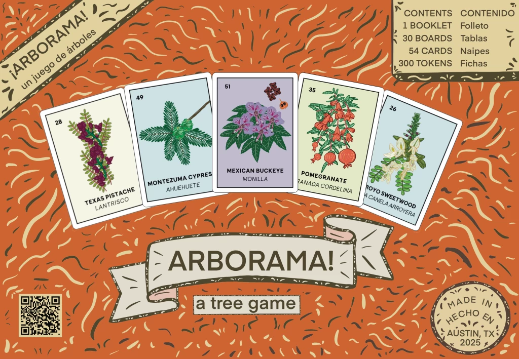The is an image of the front of the game box. It's orange with brown and yellow squiggles, and has 5 of the cards displayed with the words Arborama.