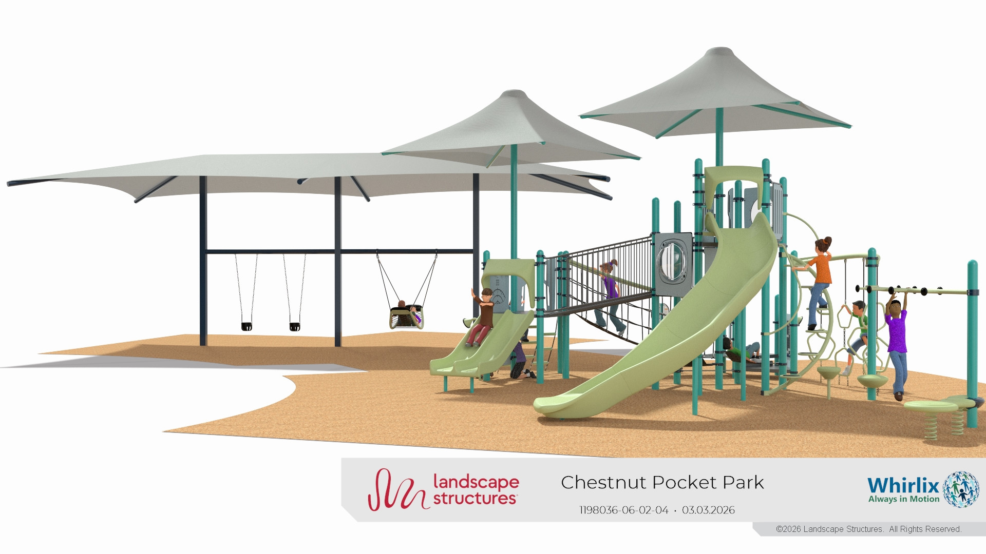Rendering of new playground showing different levels, shade structure, slide