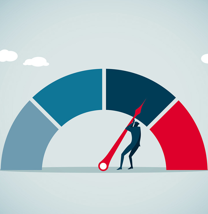 Flat illustration of businessman pushing performance gauge increasing skill levels and customer satisfaction.