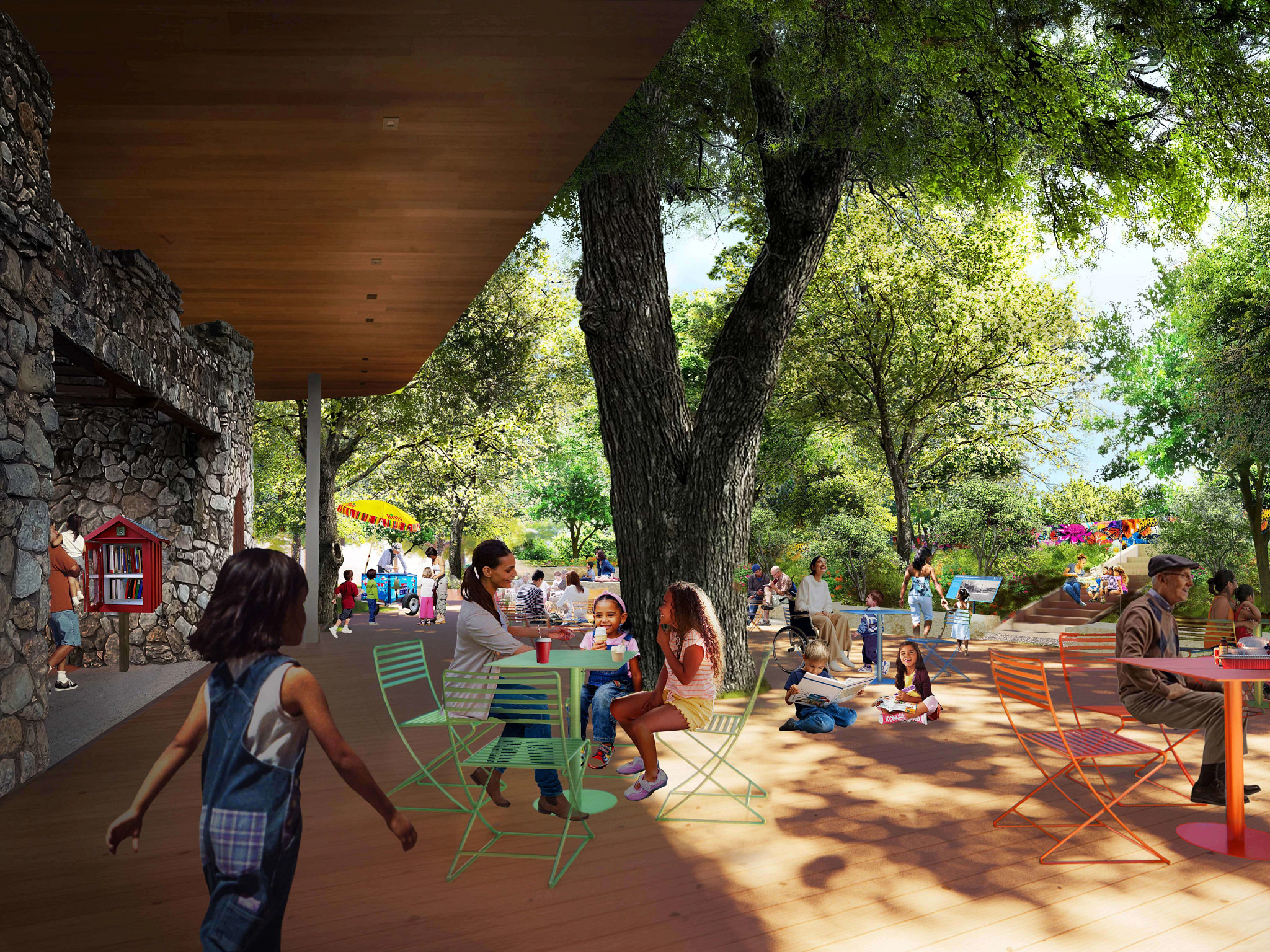 Concept rendering for Palm Park of a seating area called the Tree Deck, built around mature trees