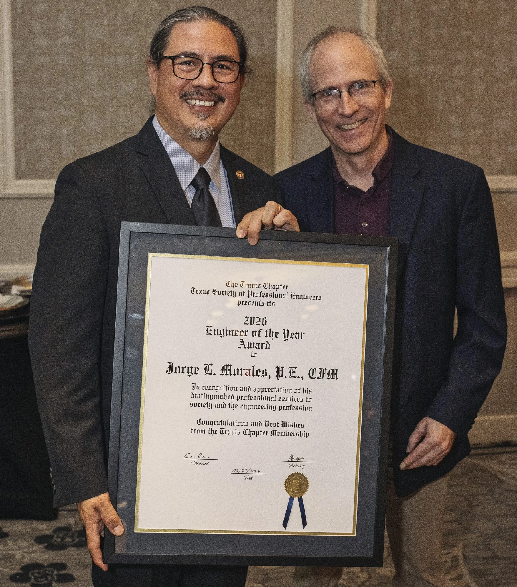 Jorge Morales presented the award for Engineer of the Year by The Travis Chapter Texas Society of Professional Engineers.