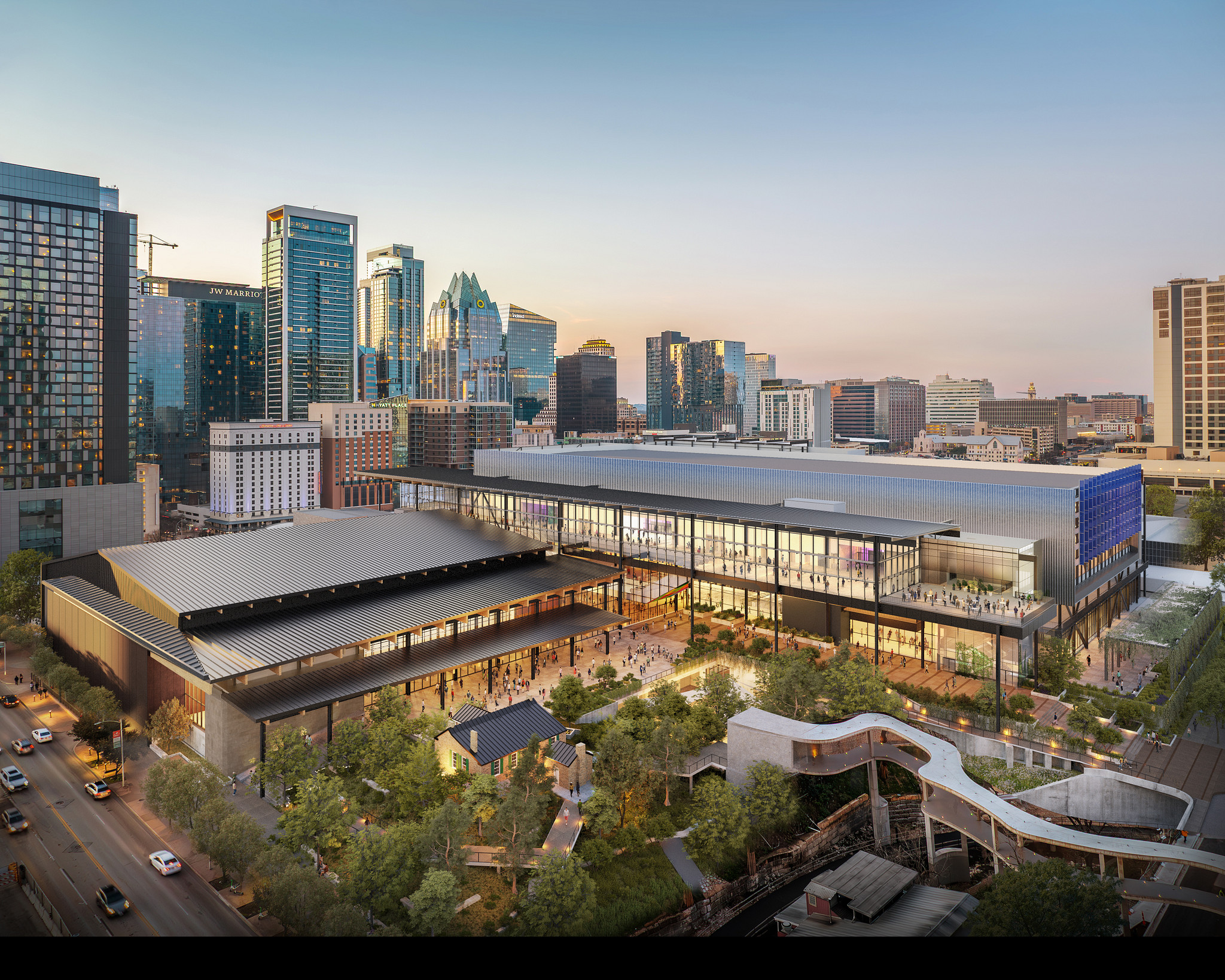 Austin Convention Center from above with Trask House and Kitchen visible