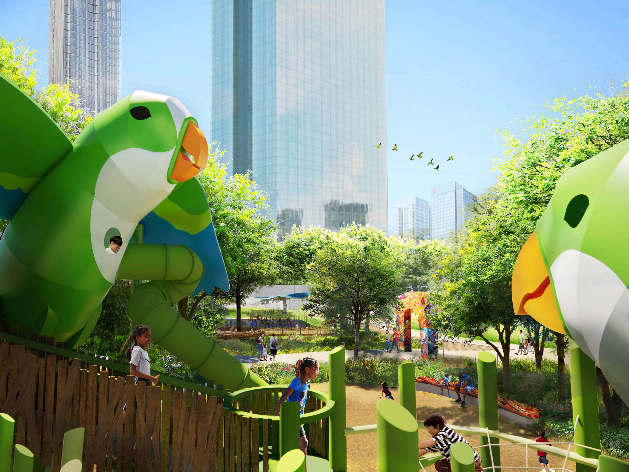 Concept rendering of the Age 5 to 12 play area for Palm Park with a playscape designed to resemble monk parakeets