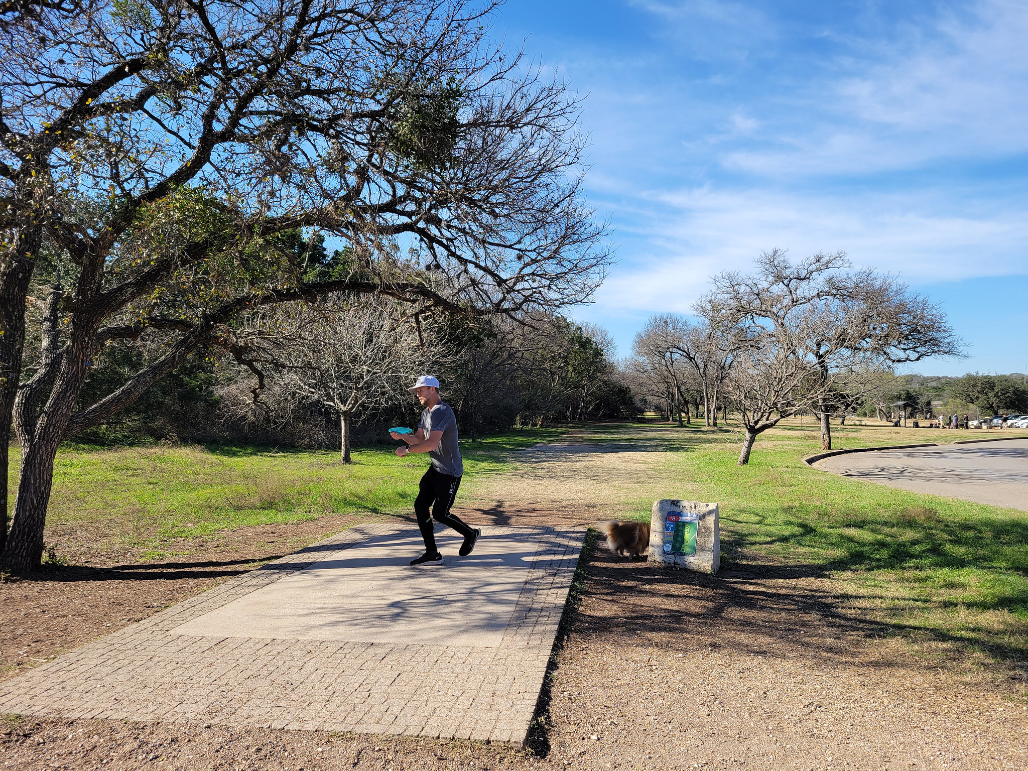 Person about to throw a disc from the tee box at Zilker Park Disc Golf Course