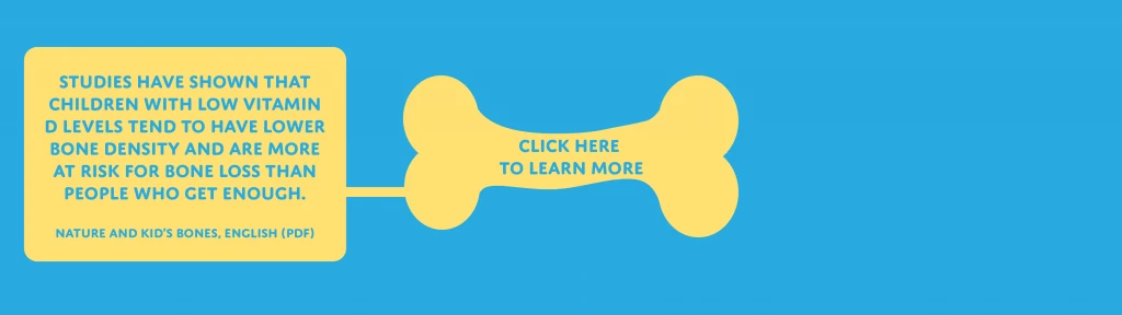 Bones health for Kids bone on blue background with blue text that reads click here to learn more