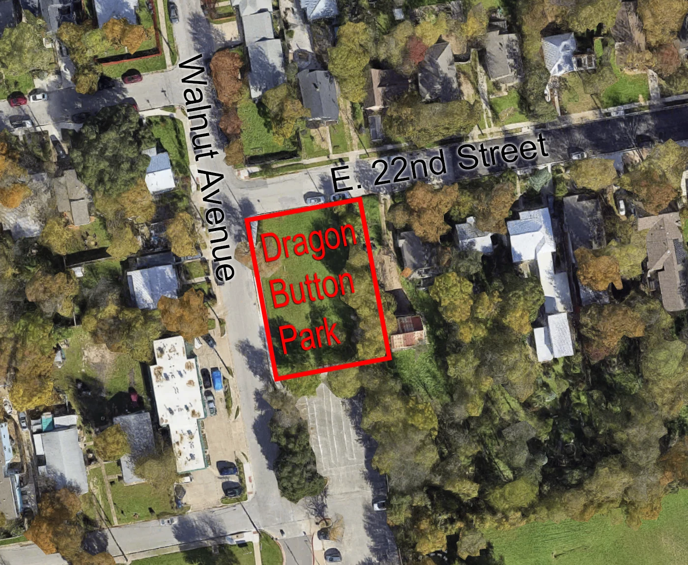 Overhead image of surrounding area with Dragon Park outlined in red and labeled near 22nd Street and Walnut Avenue