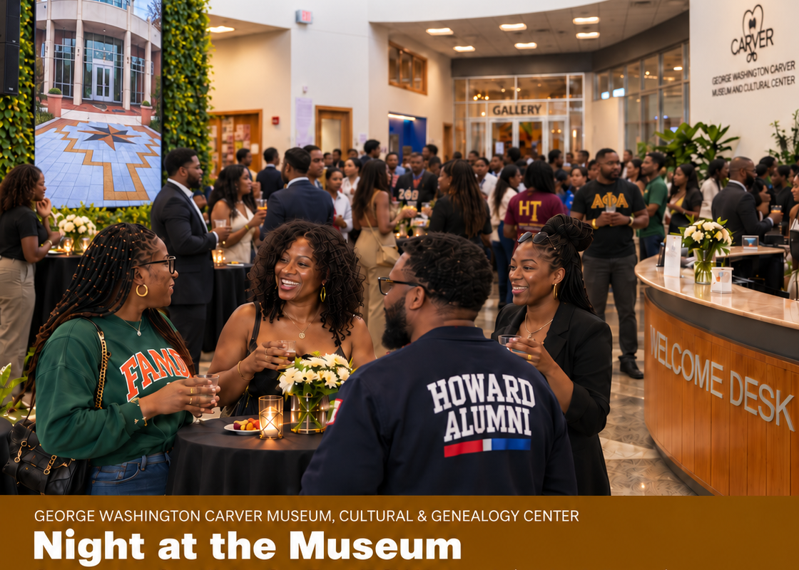 AI image created by chat gpt of community gathered in the lobby of the George Washington Carver Museum
