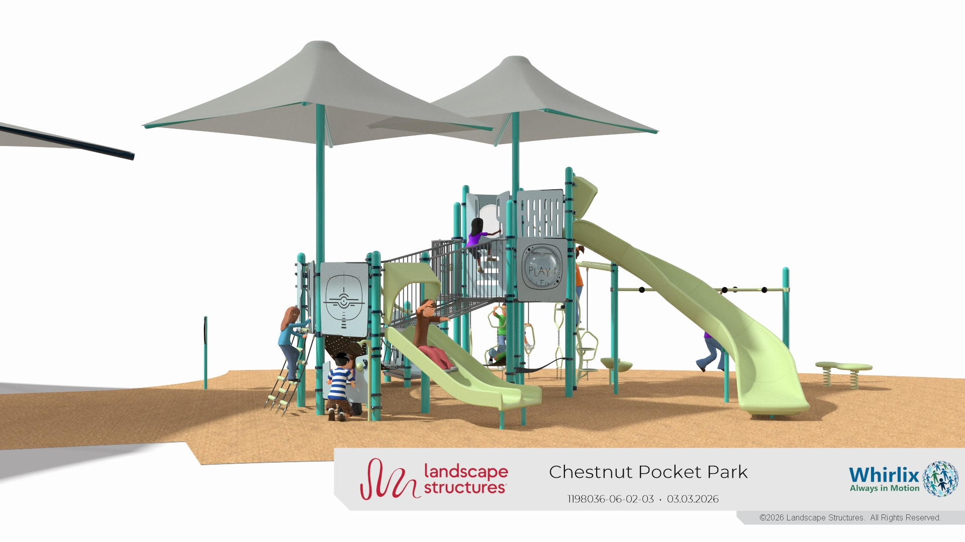 Rendering of new playground showing different levels, shade structure, slide