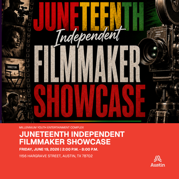 graphic with images of black filmmakers flanking the sides and text in the center reading Juneteenth Independent Filmmaker Showcase