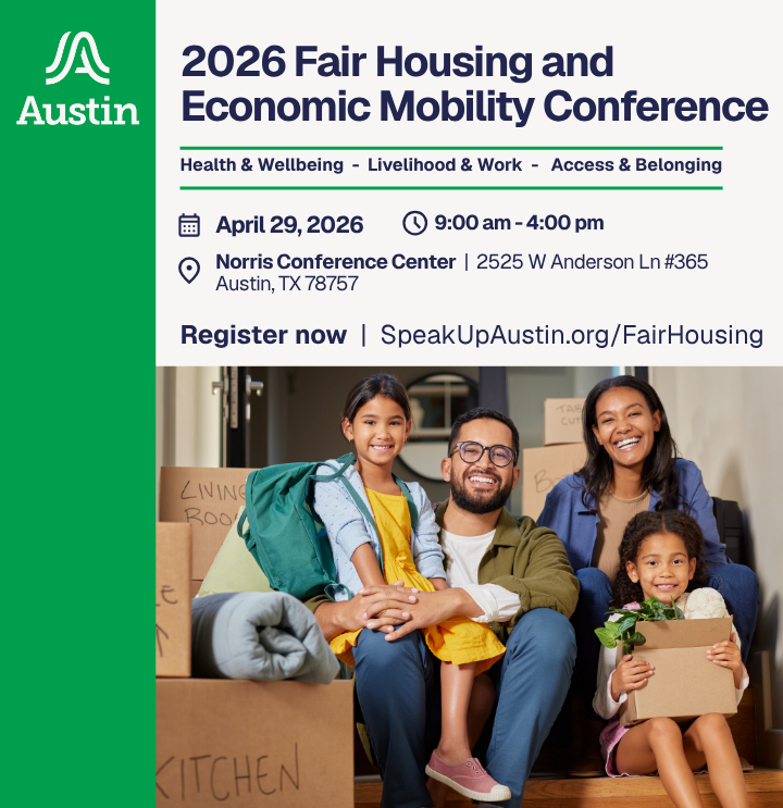 A family sits on steps of their home, smiling, with moving boxes around them. Text reads 2026 Fair Housing and Economic Mobility Conference - Health and wellbeing, livelihood and work, access and belonging. 