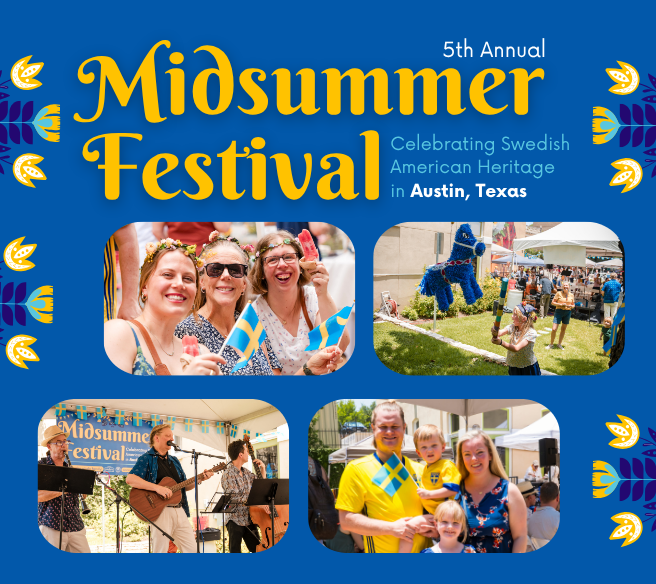 5th annual Midsummer festival - photos of families in Swedish blue and yellow enjoying the festival