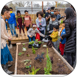 Kids gathered around a garden bed at the Carver