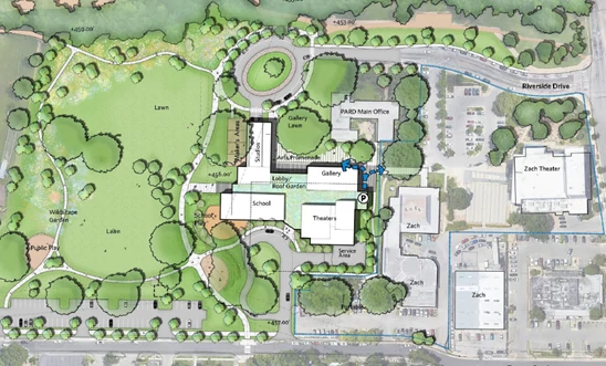 Overhead drawing of new Dougherty Arts facility with buildings and lawn areas and facilities around the center
