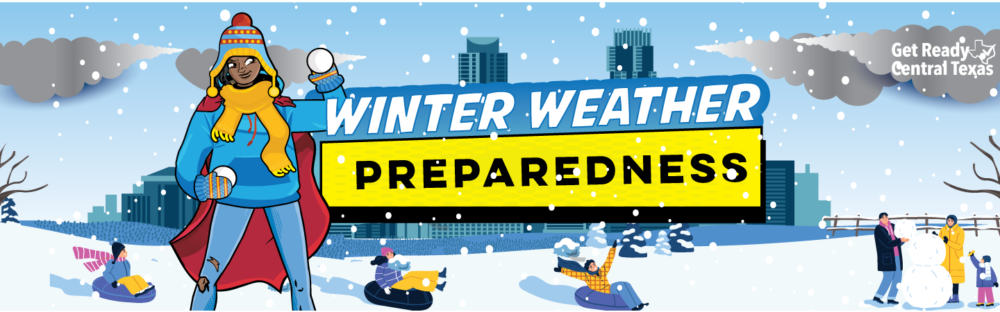 Super Hero image throwing snowballs with the city in the background and people sliding