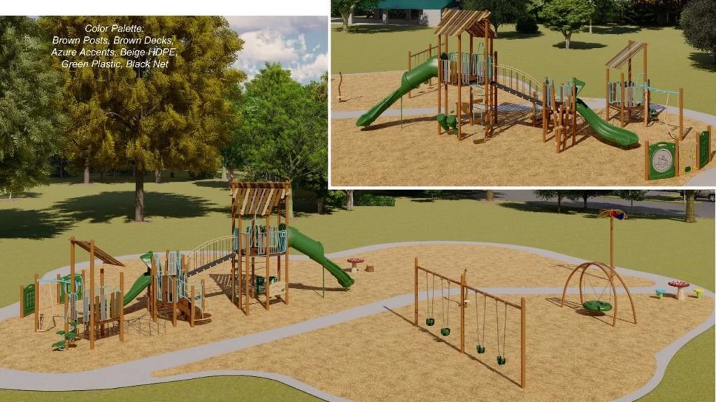 A playscape design showing swings and a tradtional playscape with slide, brige and climbers.
