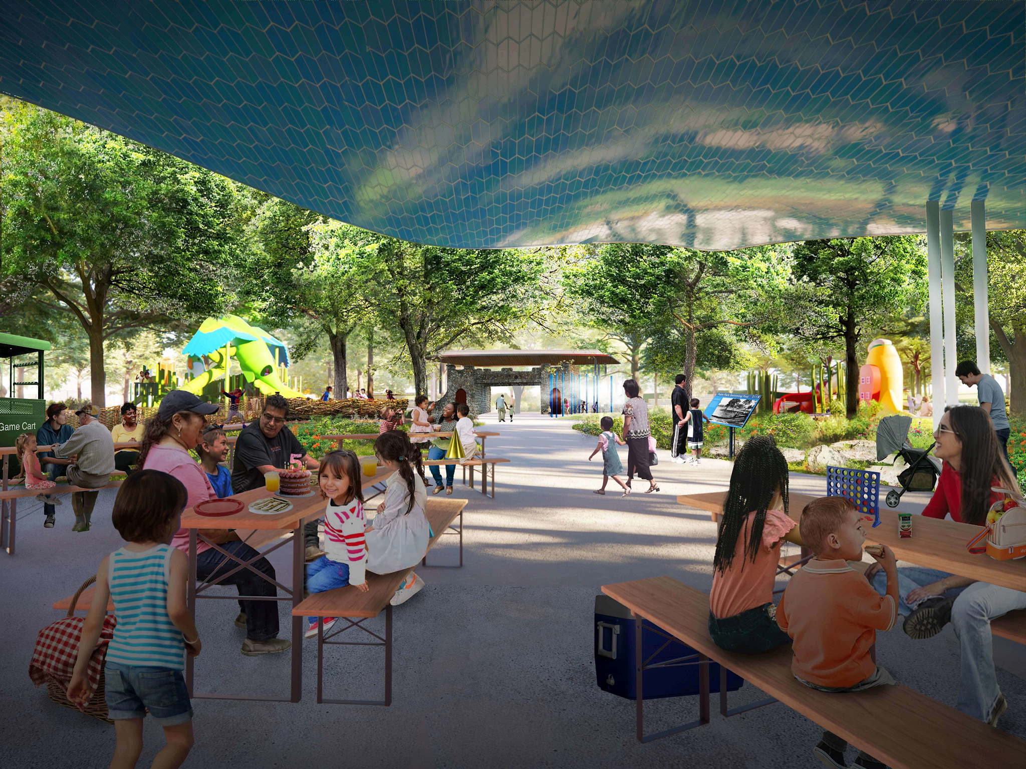 Concept rendering for Palm Park of people seated under a structured, stylized shade pavilion