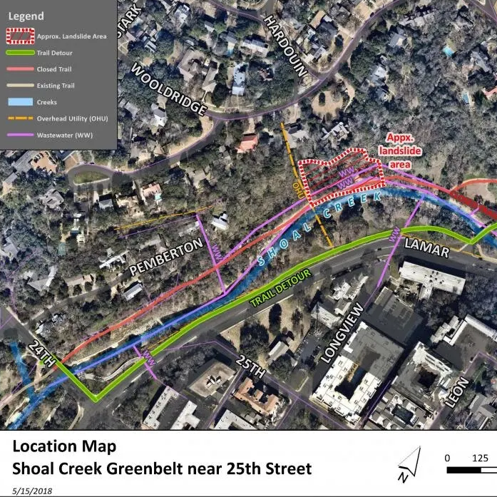 Map of the area impacted on the Shoal Creek Greenbelt by the hillside failure
